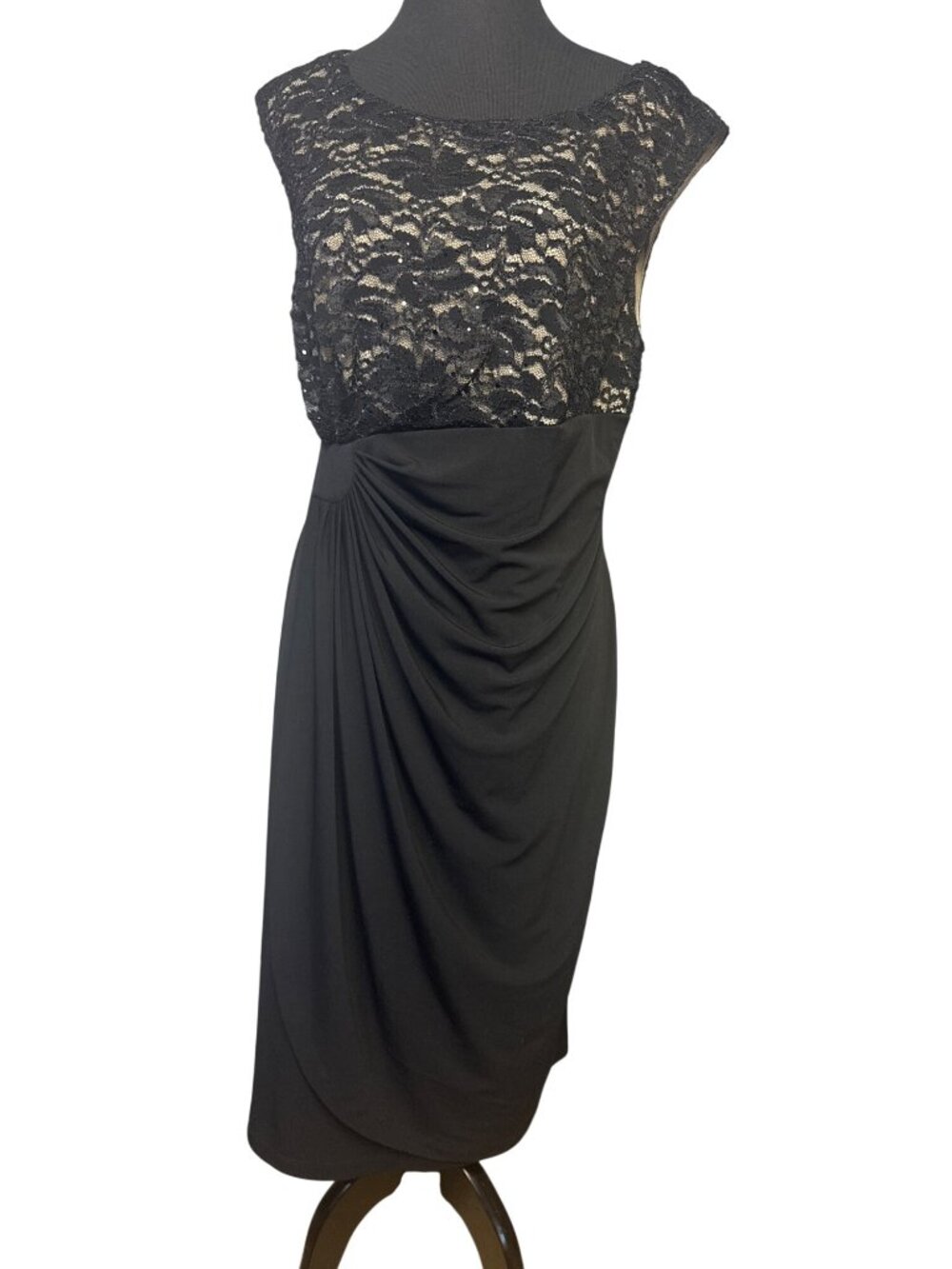 Dressbarn Size 14 Sleeveless Black Lace Ruched Cocktail Dress Nylon Spandex